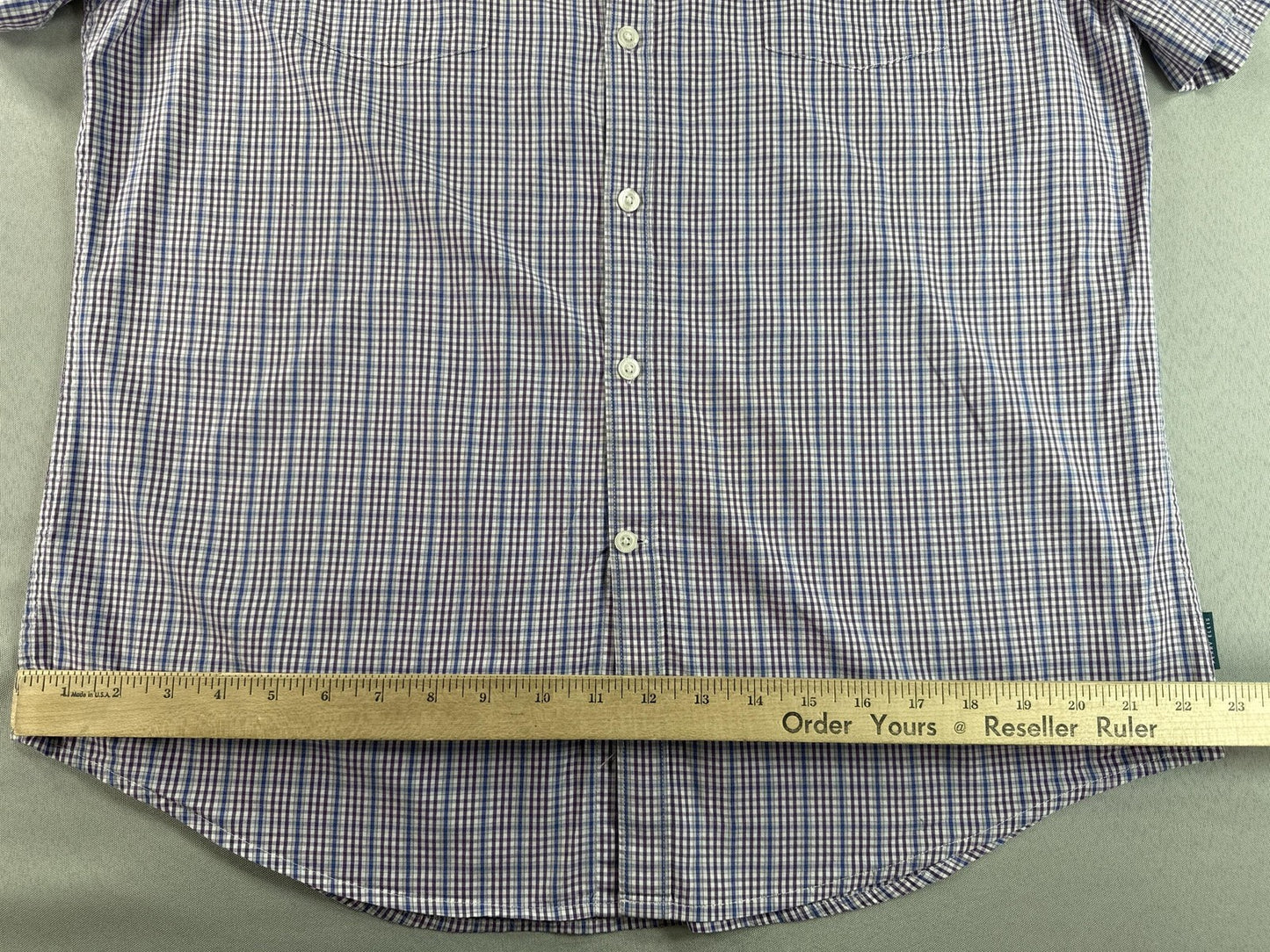Perry Ellis Button Down Shirt Mens L Blue Checkered Cotton Short Sleeve Slim Fit