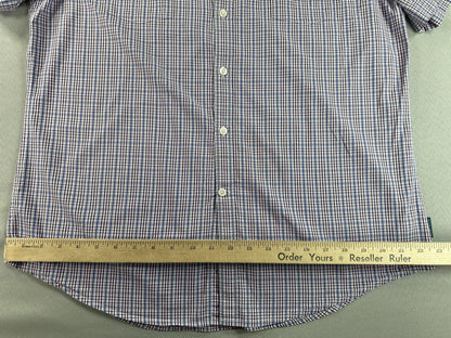 Perry Ellis Button Down Shirt Mens L Blue Checkered Cotton Short Sleeve Slim Fit