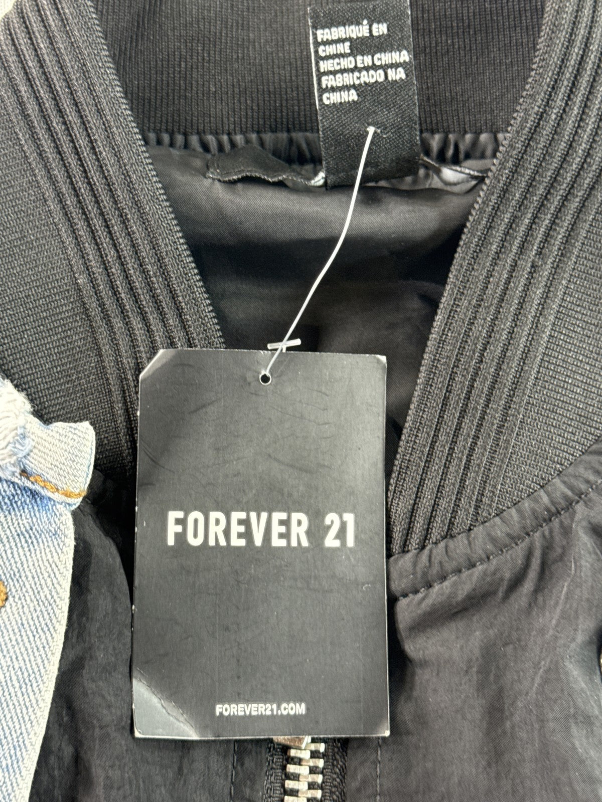 FOREVER 21 Bomber Jacket Womens S Black/Denim Cotton/Polyester Regular Fit Zip