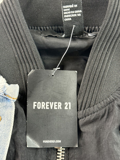 FOREVER 21 Bomber Jacket Womens S Black/Denim Cotton/Polyester Regular Fit Zip