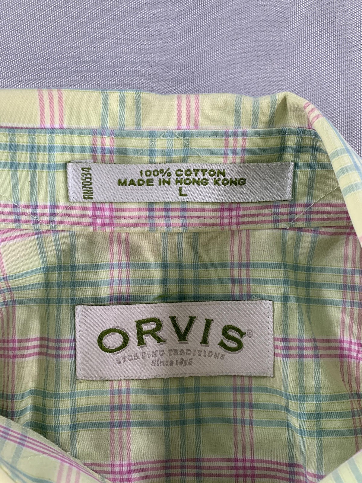 Orvis Shirt Mens Large Green Pink Plaid Button Down Short Sleeve Classic Fit 100