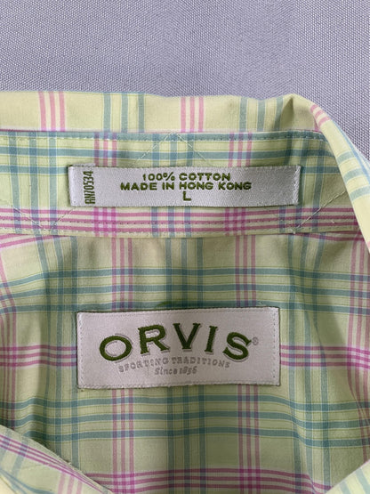 Orvis Shirt Mens Large Green Pink Plaid Button Down Short Sleeve Classic Fit 100