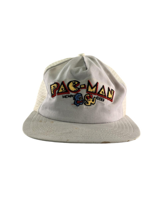 VINTAGE Pac-Man Hat Cap Snap Back White Trucker Mesh Embroidered Arcade Mens 90s