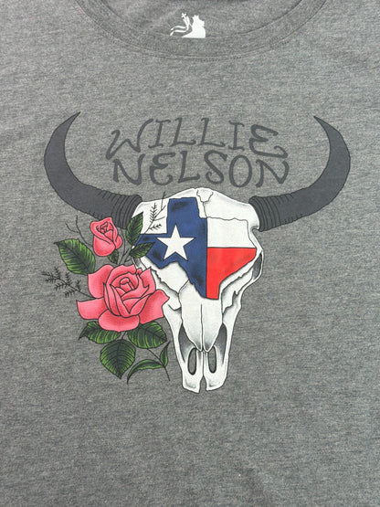 Willie Nelson Womens 2XL Gray Texas Flag Bull Skull Roses Country Music Tee Shir