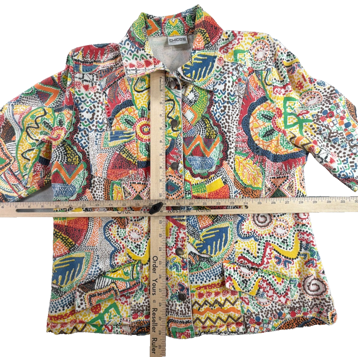 Chicos Abstract Boho Print Cotton Jacket Size 1 Medium Multicolor Button Front