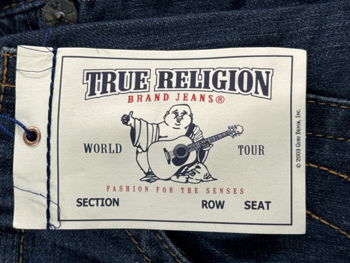 True Religion Jeans Mens 34 Blue Straight Flap Pockets Denim Made USA Dark Wash