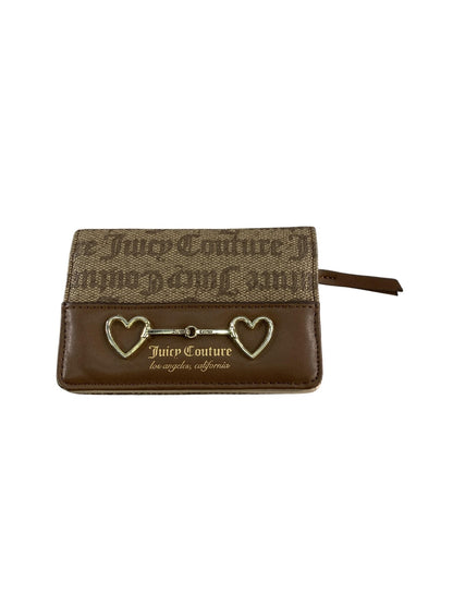 Juicy Couture Wallet Card Case Womens Brown Monogram Heart Bit Zip Coin Pocket