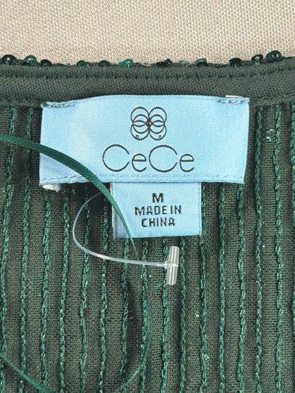 CeCe Sequin V-Neck Cap Sleeve Top Emerald Green Lined Stretch Blouse NWT M New
