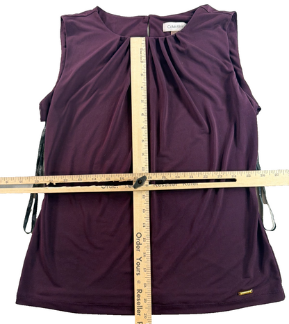 Calvin Klein Pleated Keyhole Sleeveless Top Women Small Purple Aubergine CK Gold
