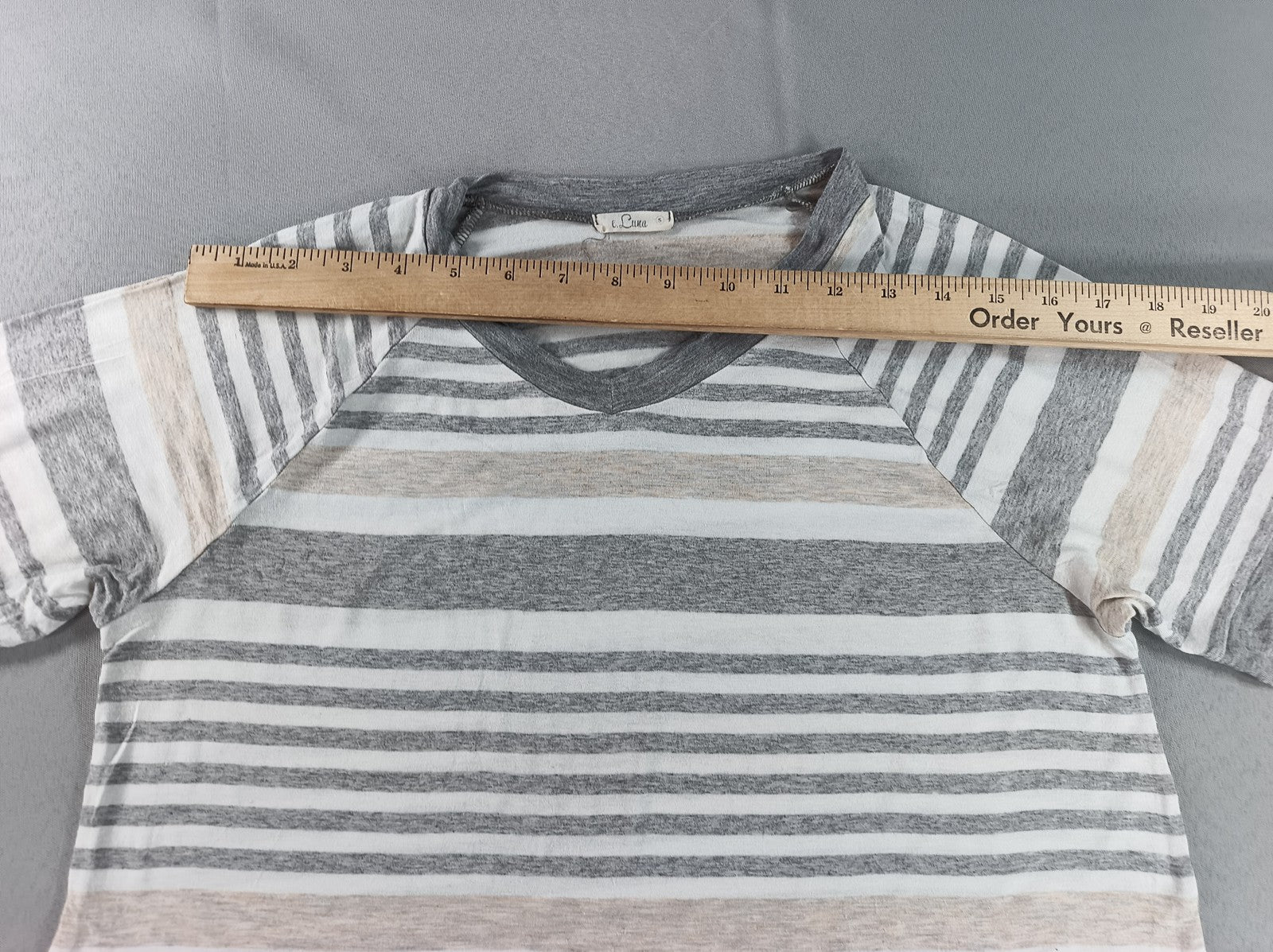 e.Luna Striped Raglan Sleeve Top Womens S Gray/Beige/White Cotton Blend Crewneck