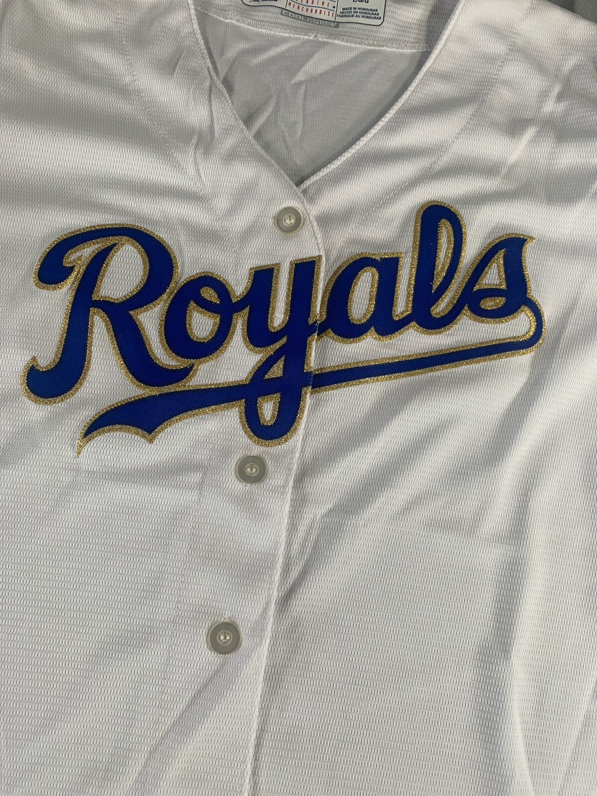 Majestic MLB Royals Cool Base Jersey Womens L White Blue Replica Button Front