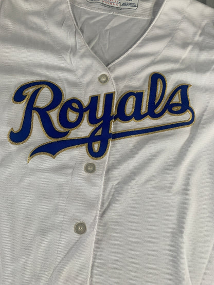 Majestic MLB Royals Cool Base Jersey Womens L White Blue Replica Button Front