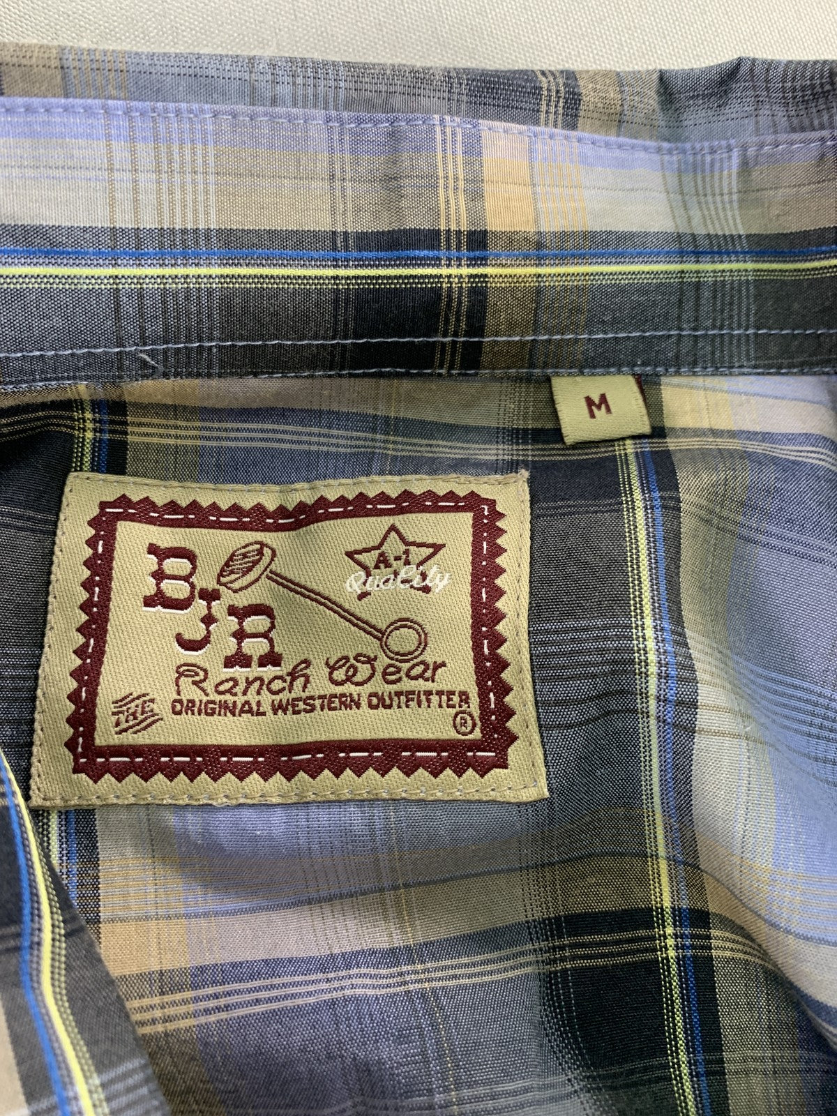 BJR Ranch Wear Shirt Mens Medium Blue Yellow Plaid Western Pearl Snap Cowboy 55