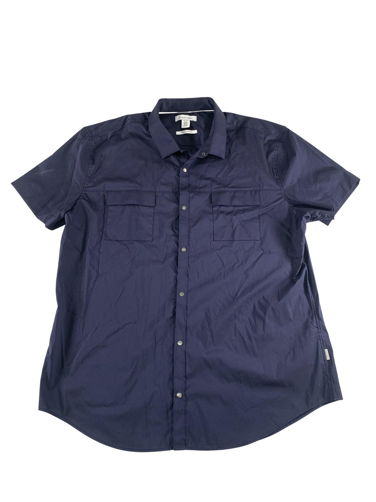 Calvin Klein Shirt Mens XL Blue Short Sleeve Snap Front Slim Fit Casual branding