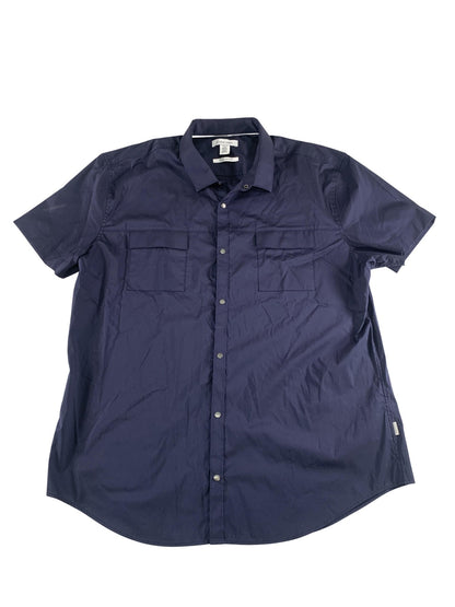 Calvin Klein Shirt Mens XL Blue Short Sleeve Snap Front Slim Fit Casual branding