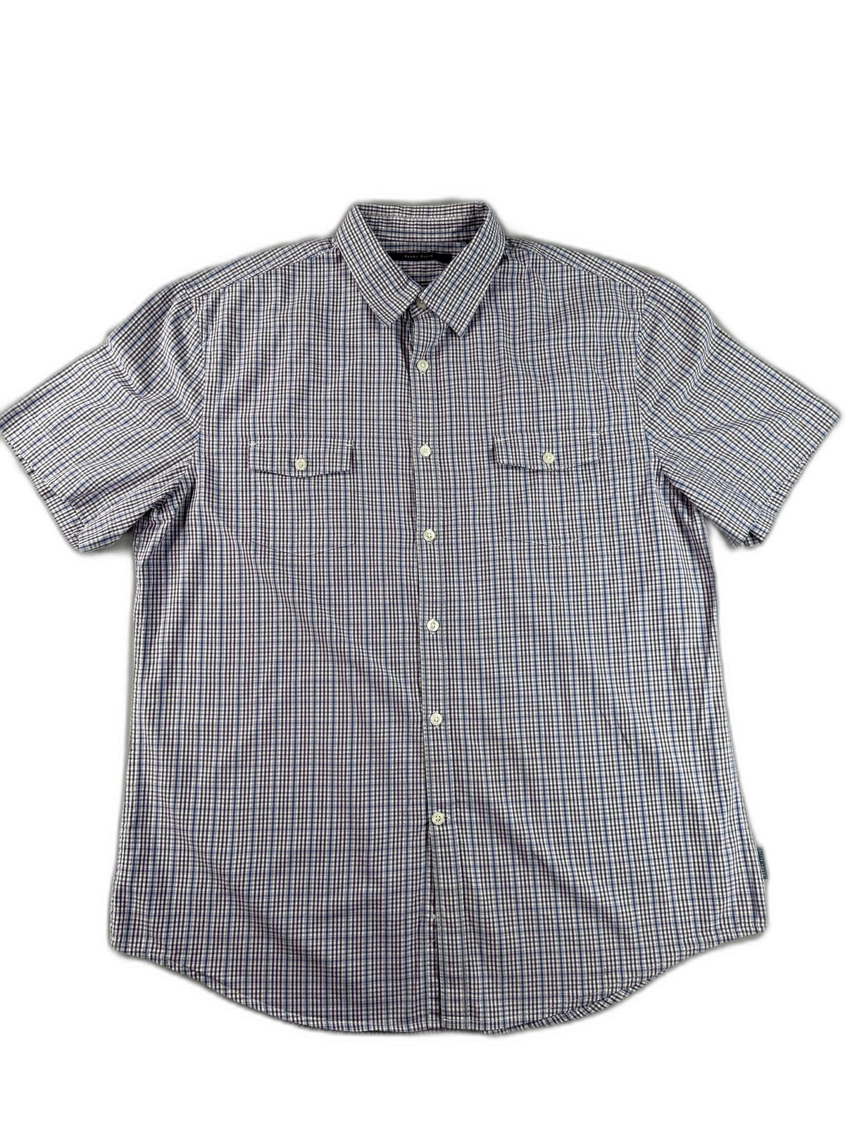 Perry Ellis Button Down Shirt Mens L Blue Checkered Cotton Short Sleeve Slim Fit