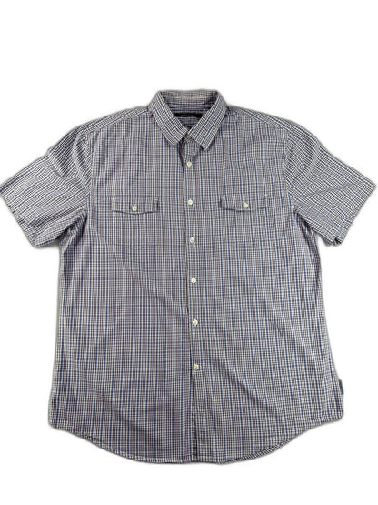 Perry Ellis Button Down Shirt Mens L Blue Checkered Cotton Short Sleeve Slim Fit