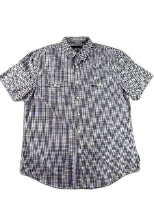 Perry Ellis Button Down Shirt Mens L Blue Checkered Cotton Short Sleeve Slim Fit