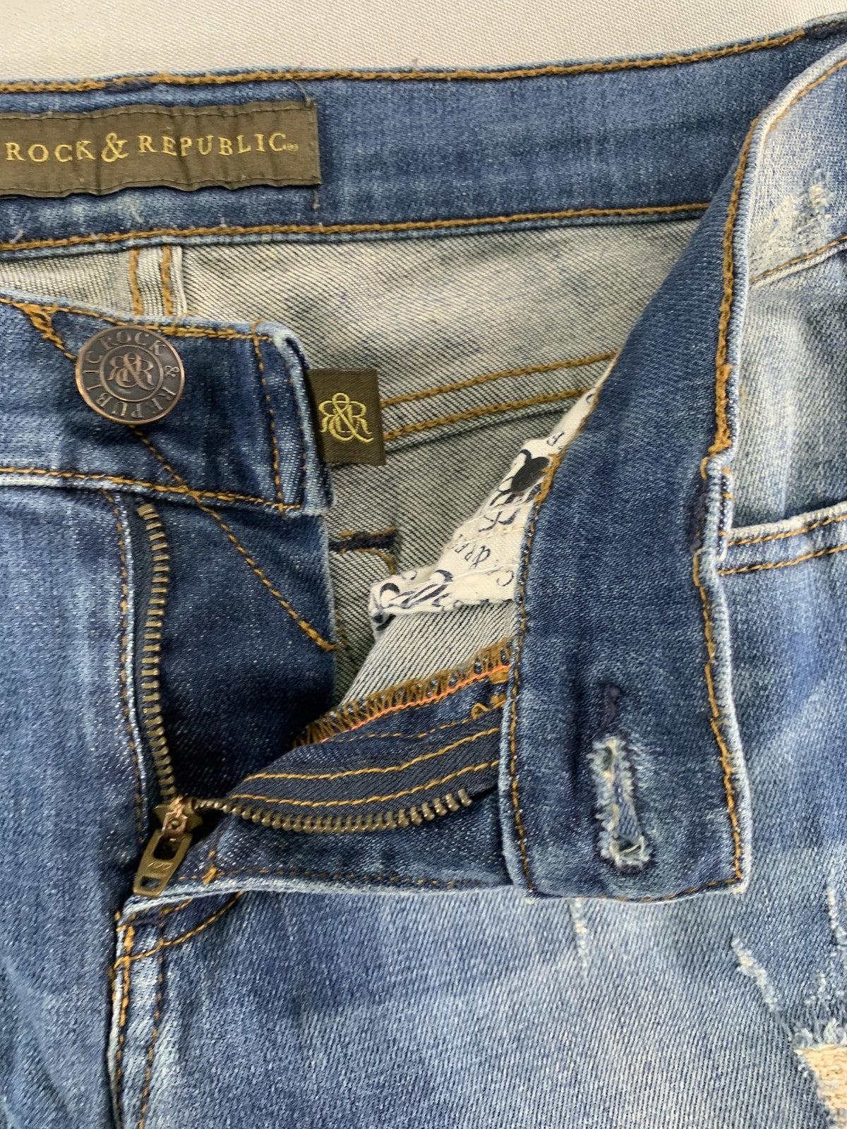 Rock & Republic Jeans Womens 0 Blue Skinny Distressed Stretch Denim Rhinestone