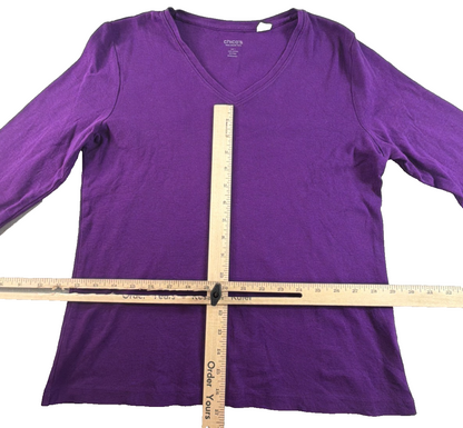 Chicos Purple V Neck Tee Womens Size 1 Medium 3/4 Sleeve Cotton Knit Top