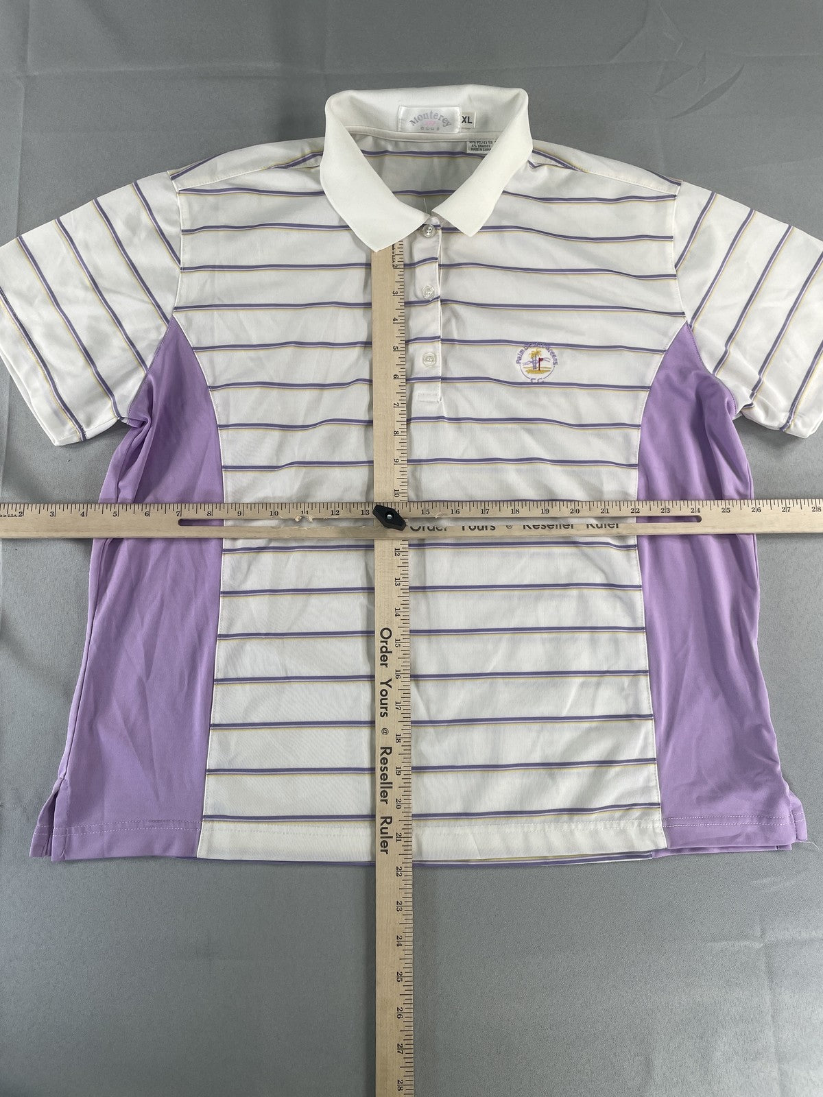 Monterey Club Polo Shirt Mens XL White Purple Striped Golf Palm Strikers CC Logo