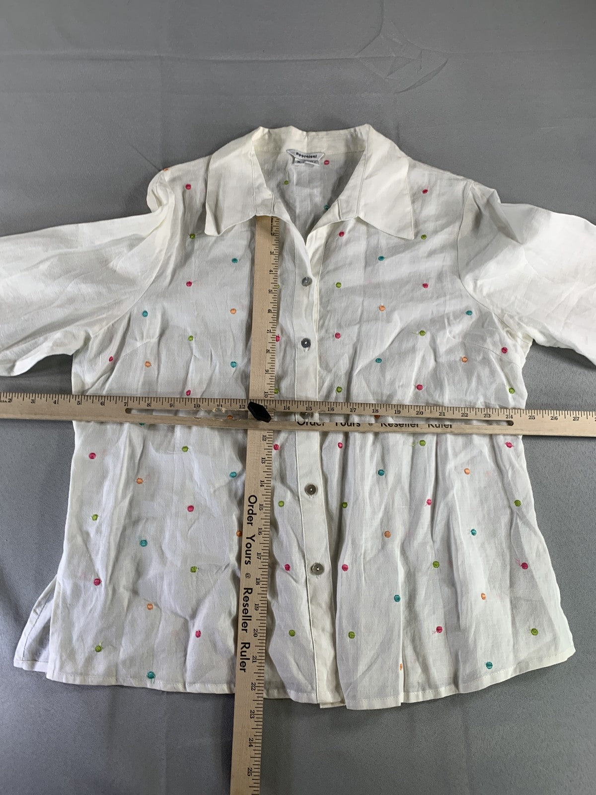 Appraisal Shirt Womens XL White Embroidered Polka Dot Button Up Blouse Ramie Top