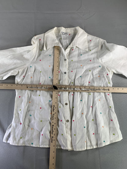 Appraisal Shirt Womens XL White Embroidered Polka Dot Button Up Blouse Ramie Top