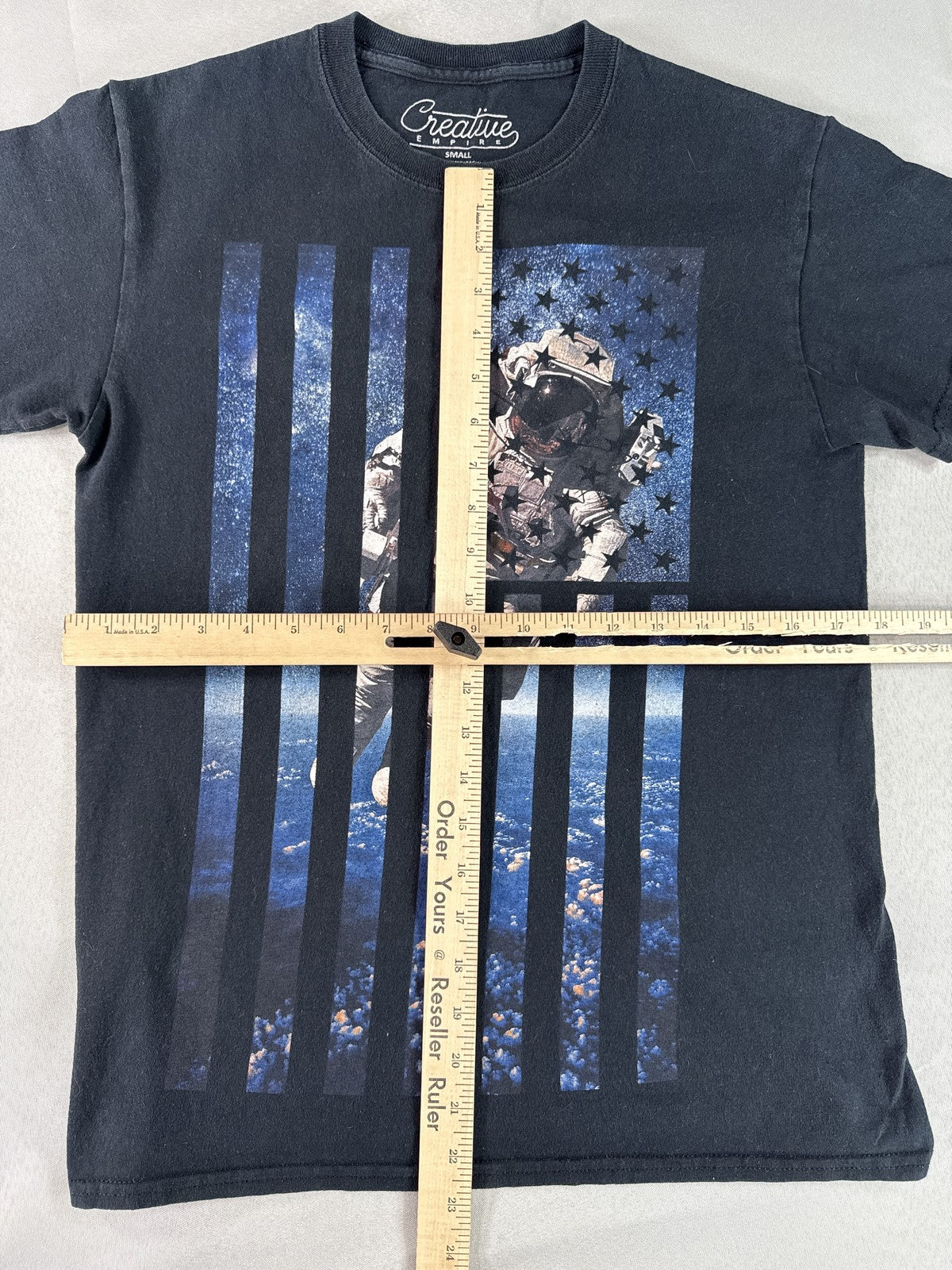 Creative Astronaut Flag Graphic Tee SMALL Black Cotton Crewneck Short Sleeve Men