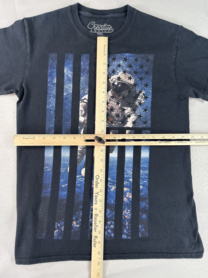 Creative Astronaut Flag Graphic Tee SMALL Black Cotton Crewneck Short Sleeve Men
