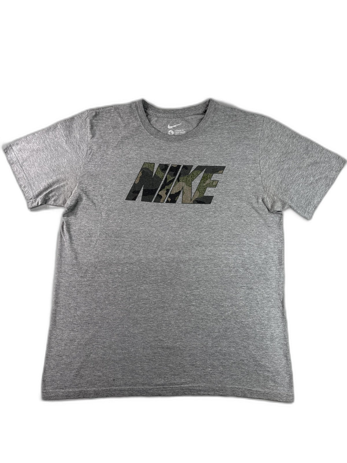Nike Camo Logo Graphic Tee Mens L Gray Cotton Crewneck Short Sleeve Regular Fit