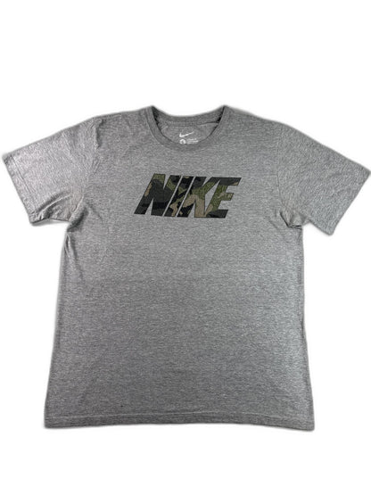 Nike Camo Logo Graphic Tee Mens L Gray Cotton Crewneck Short Sleeve Regular Fit
