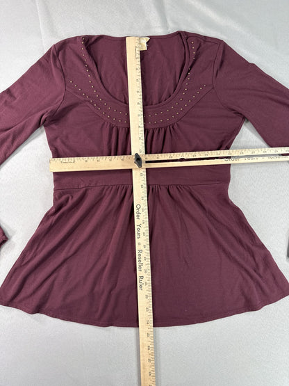 Michael Kors Long Sleeve Scoop Neck Stretch Top Womens M Burgundy Polyester Gold