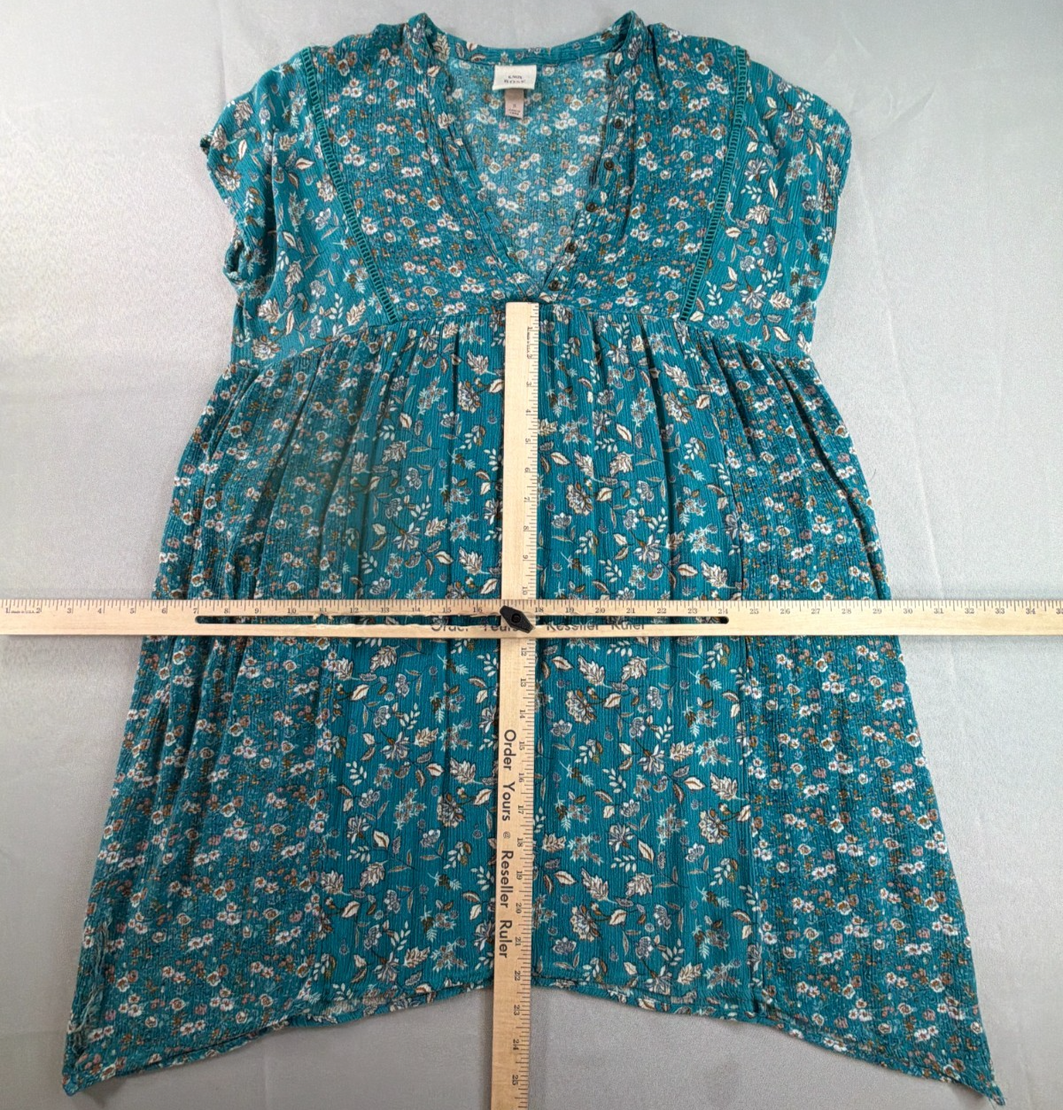 Knox Rose Floral Babydoll Tunic Top Teal Blue Boho V-Neck Cap Sleeve Small NWT