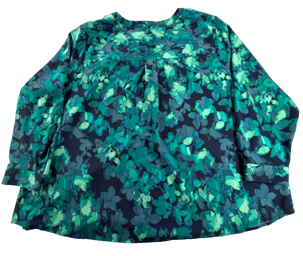 Catherines Women 2X 22/24W Navy Teal Green Floral Blouse Long Sleeve Pullover