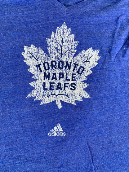 Adidas NHL Toronto Maple Leafs Shirt L Blue V-Neck Tri-Blend Logo Tee WMN NWT