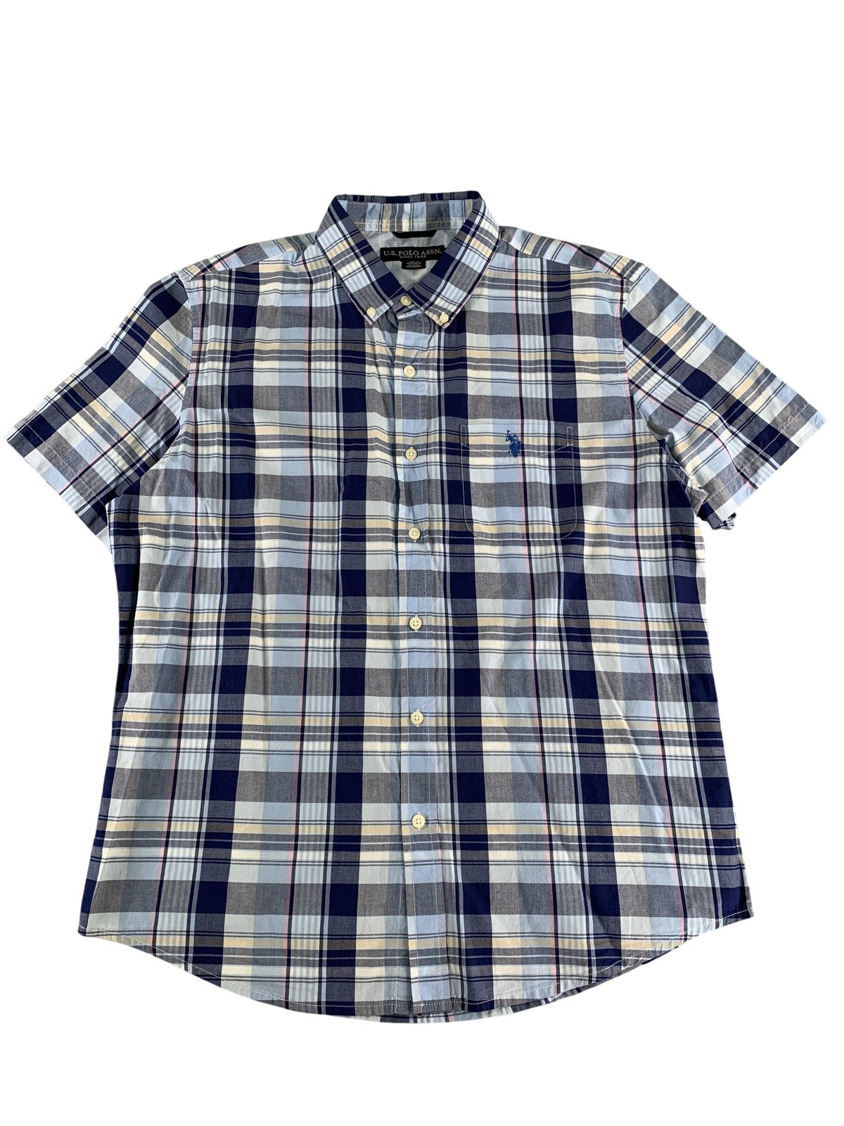 US Polo Assn Shirt Mens Large Blue Plaid Short Sleeve Button Down Casual Pocket