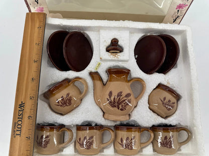Vintage Stoneware Toy Tea Set 12pc SUMMCO Brown Floral Miniature in Box 5927