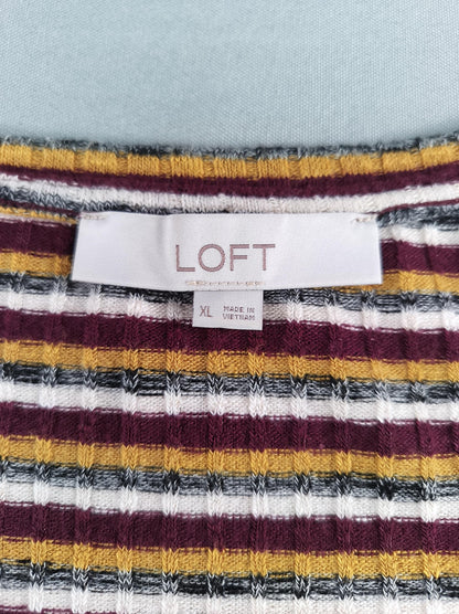 LOFT Shirt Womens XL Burgundy Mustard Striped Ribbed Lettuce Hem Scoop Neck 51
