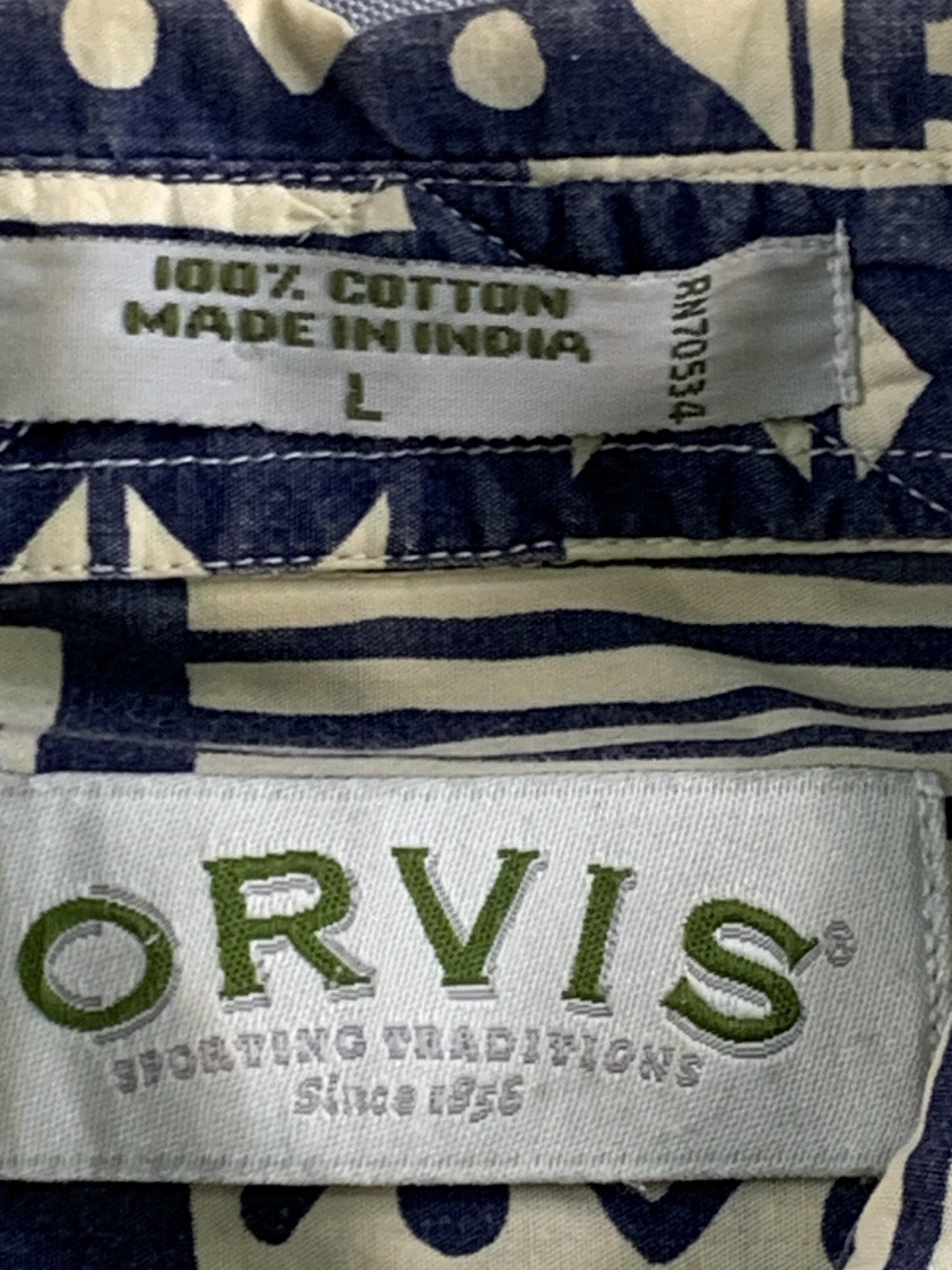Orvis Shirt Mens Large Blue White Geometric Print Short Sleeve Button Up Cotton