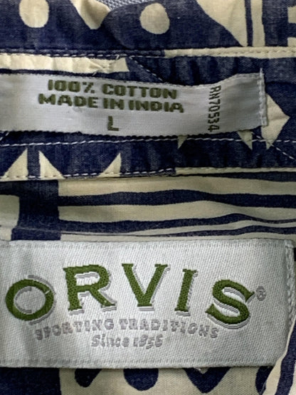 Orvis Shirt Mens Large Blue White Geometric Print Short Sleeve Button Up Cotton
