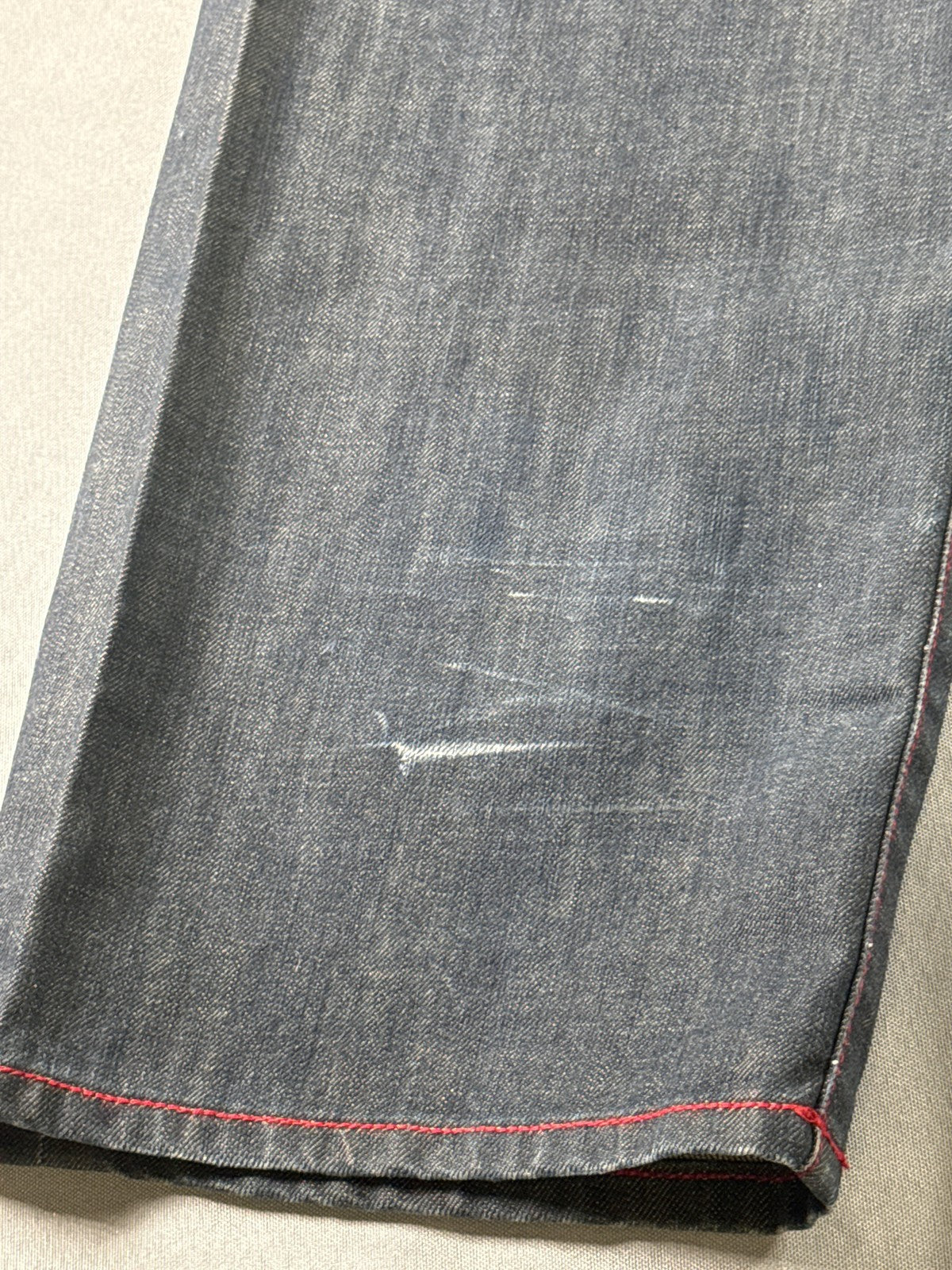 EVISU Classic Straight Leg Jeans 36 Blue 100% Cotton Faded Look Red Denim