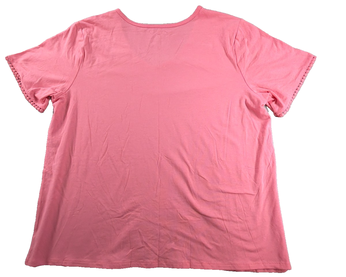 Liz Claiborne Sleepwear Women XL Pink Pajama Top Short Sleeve Pom Pom Trim