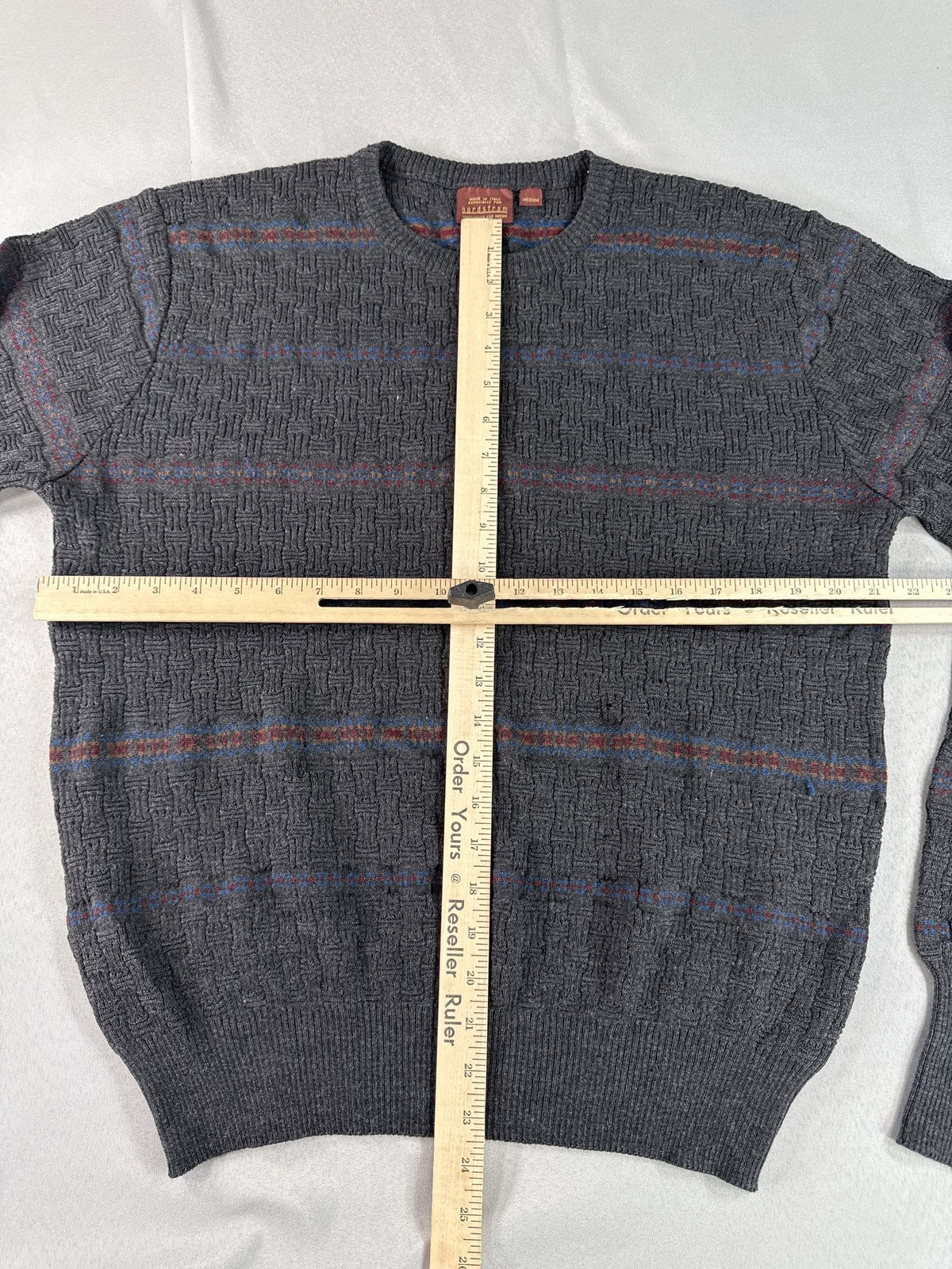 Nordstrom Classic Striped Sweater Medium Gray 100% Extra Fine Merino Wool