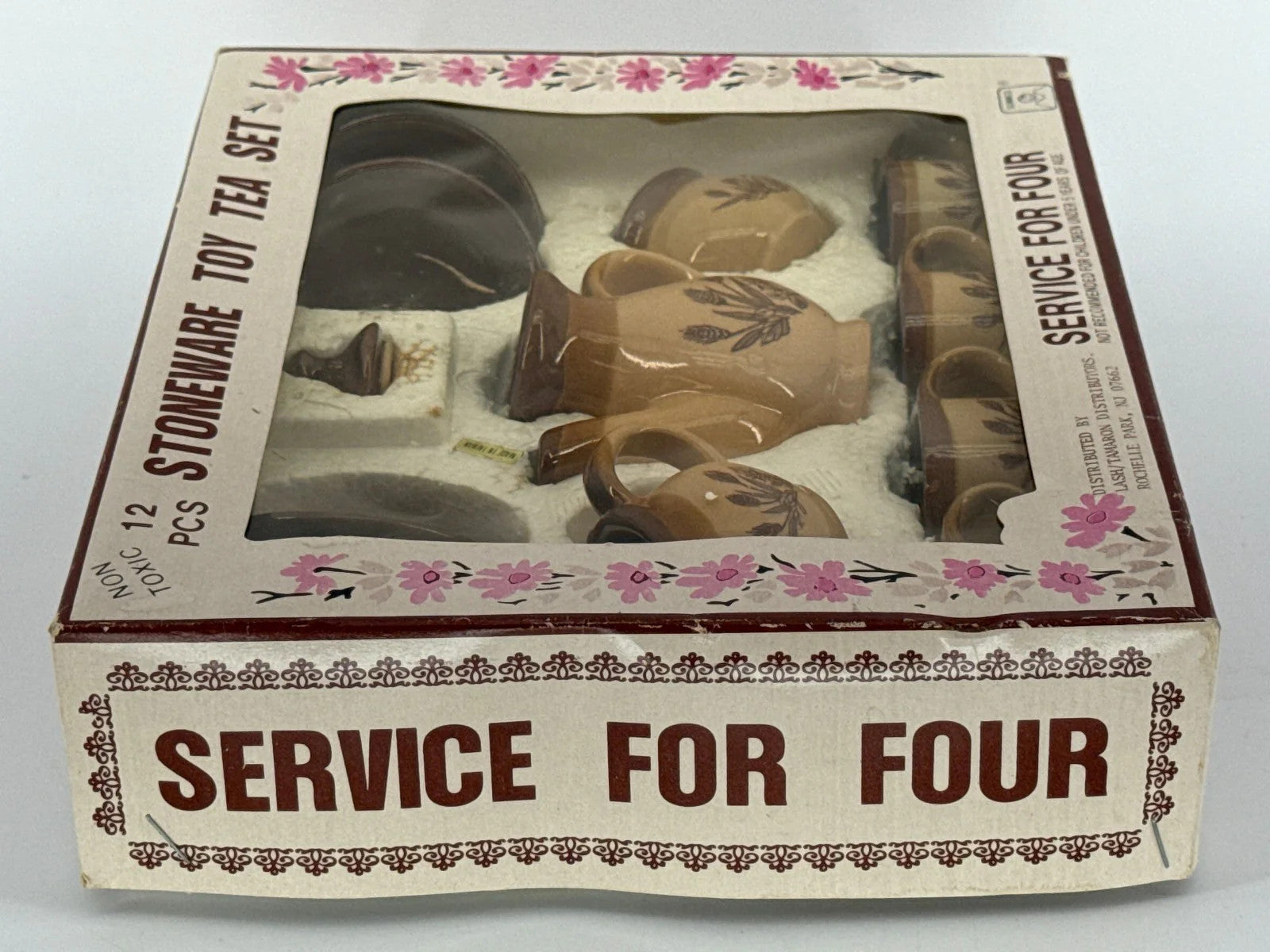 Vintage Stoneware Toy Tea Set 12pc SUMMCO Brown Floral Miniature in Box 5927
