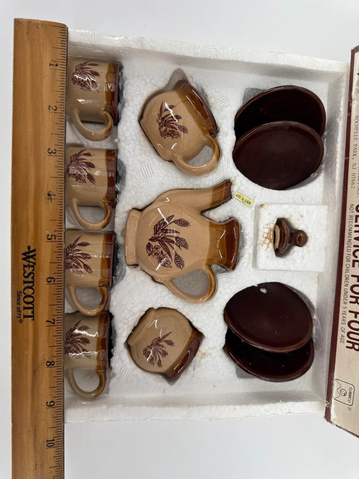 Vintage Stoneware Toy Tea Set 12pc SUMMCO Brown Floral Miniature in Box 5927