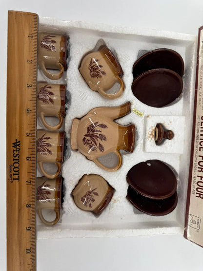 Vintage Stoneware Toy Tea Set 12pc SUMMCO Brown Floral Miniature in Box 5927