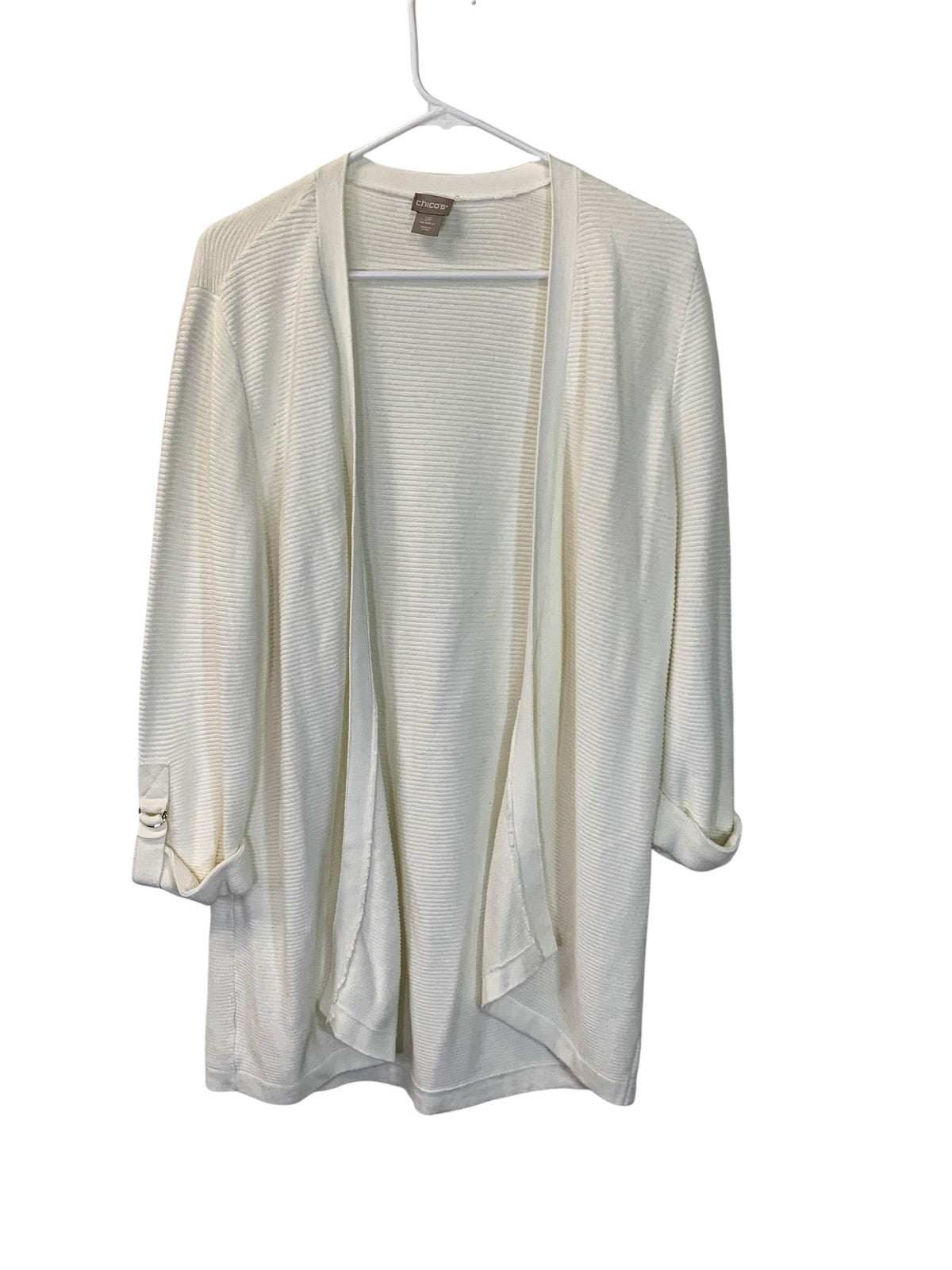 Chicos Cardigan Womens Large Petite White Open Front Lightweight Roll Tab Sleeve