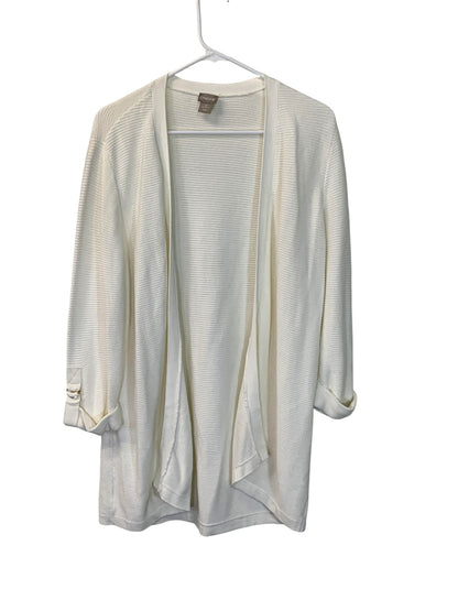 Chicos Cardigan Womens Large Petite White Open Front Lightweight Roll Tab Sleeve