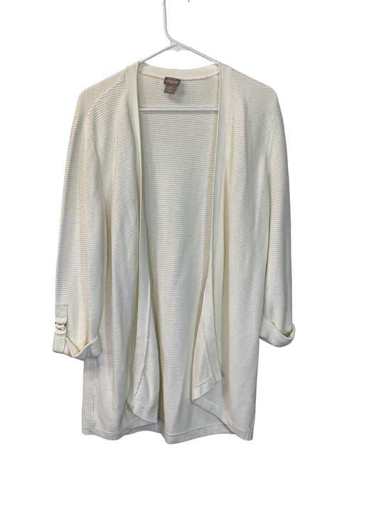 Chicos Cardigan Womens Large Petite White Open Front Lightweight Roll Tab Sleeve