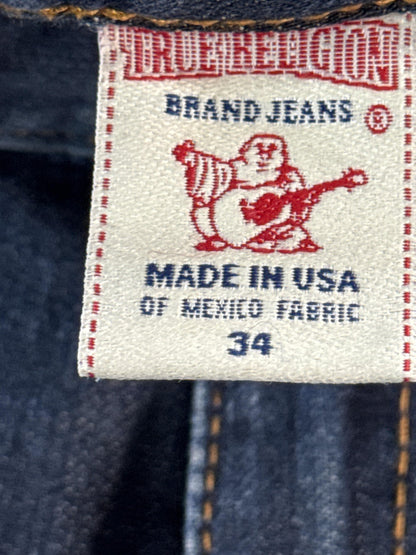 True Religion Jeans Mens 34 Blue Straight Flap Pockets Denim Made USA Dark Wash